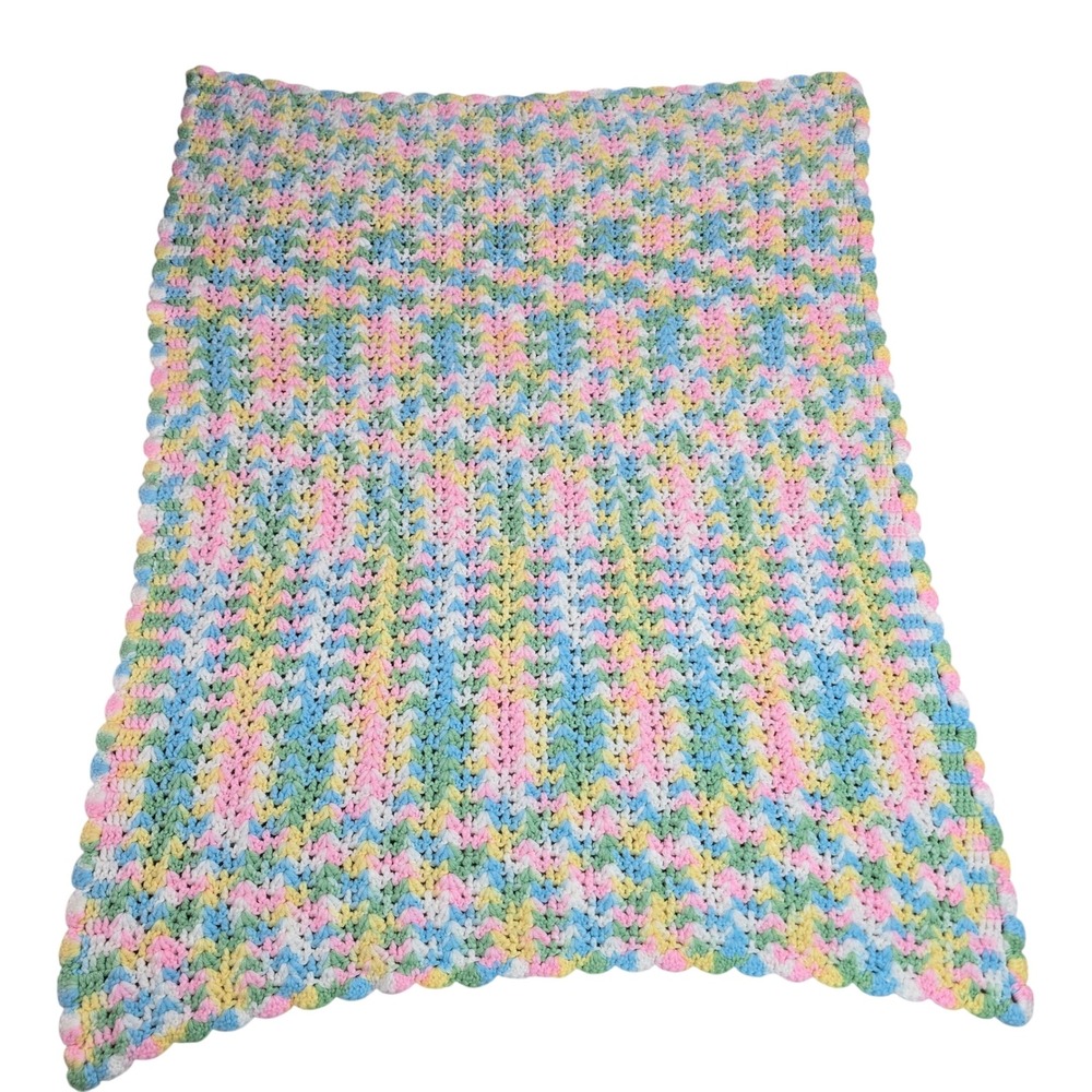 Handmade Crochet Baby Blanket Pastel Pink Blue Yellow Green Scalloped Edge 33x28